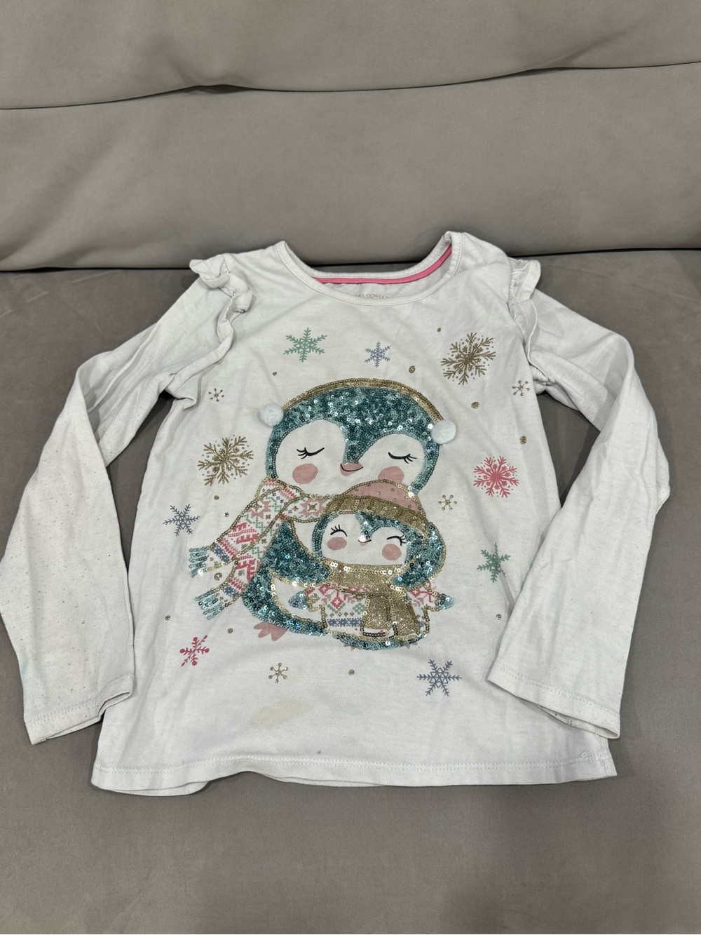 Girls White Penguin Sequin Long-Sleeve Top